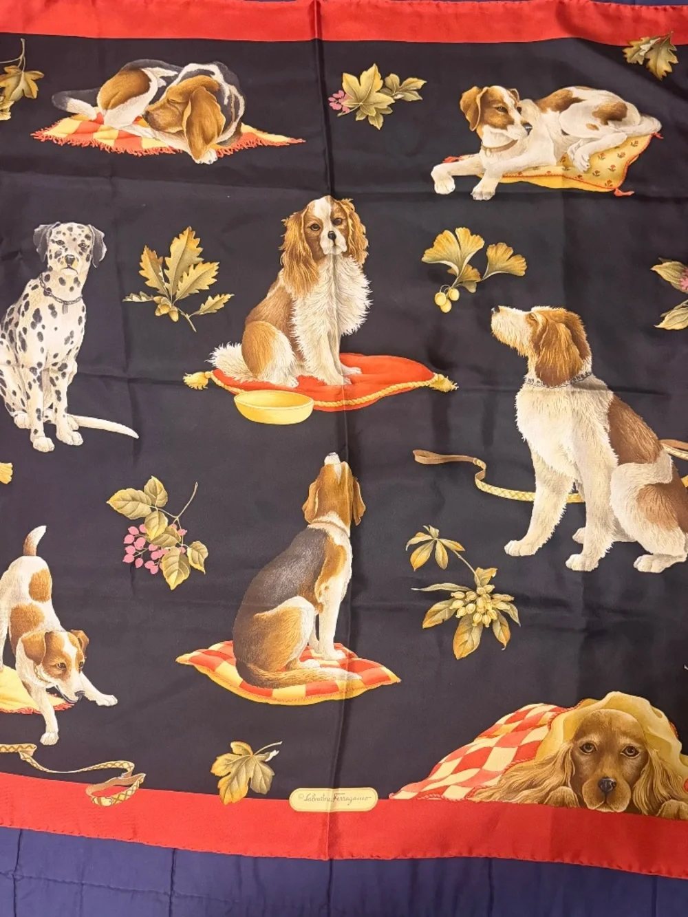 Vintage Salvatore Ferragamo 100% Silk Scarf – Dog Print – Red & Black – Made in